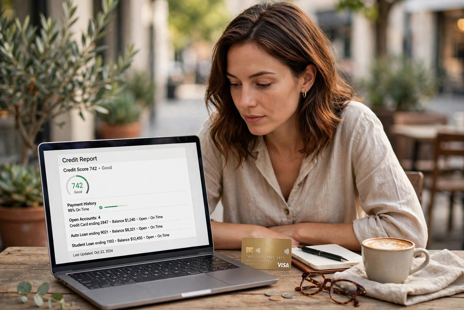 A person reviewing a credit report on a laptop screen with a credit card nearby.