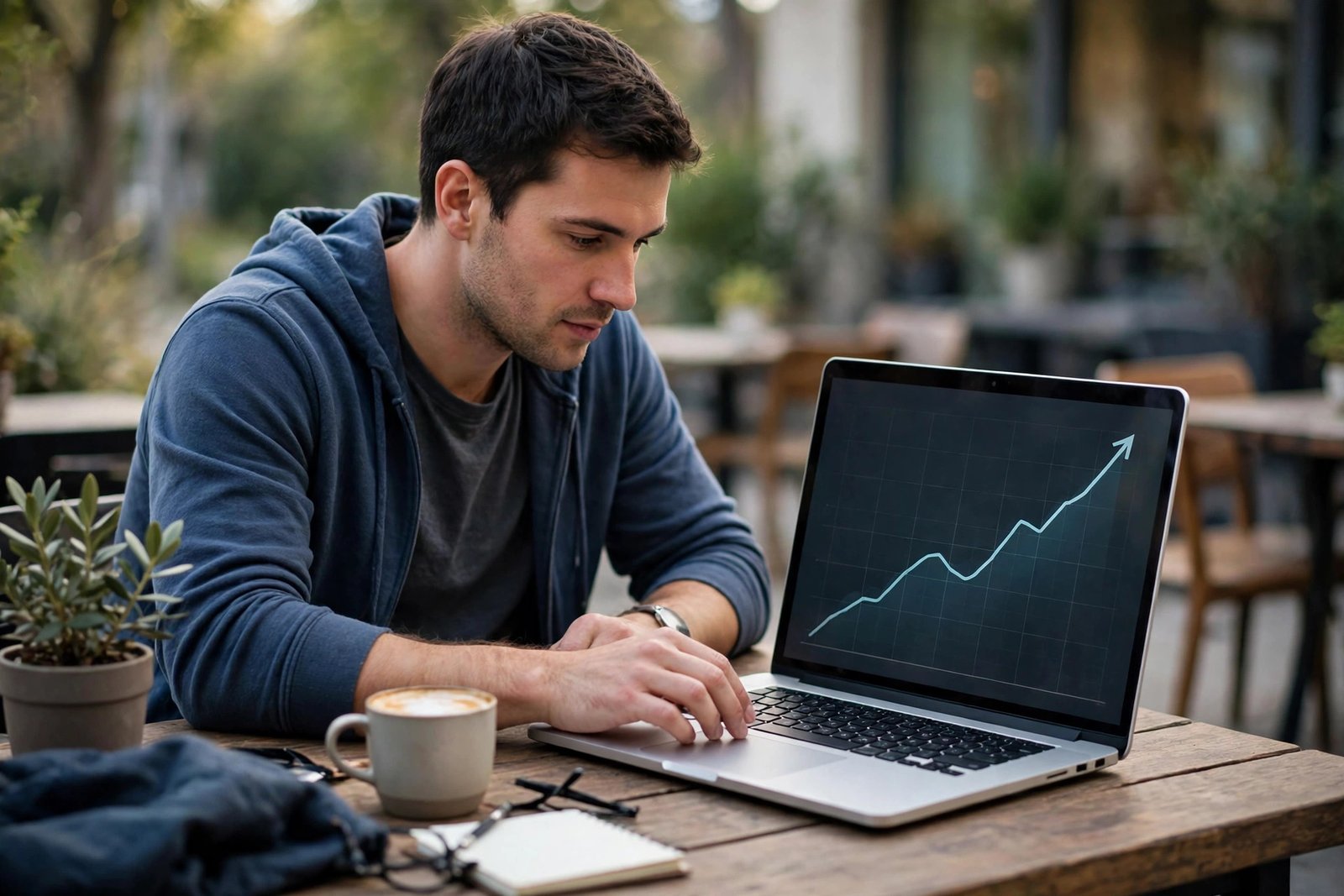 A person using an investment calculator on a laptop showing a growth chart.