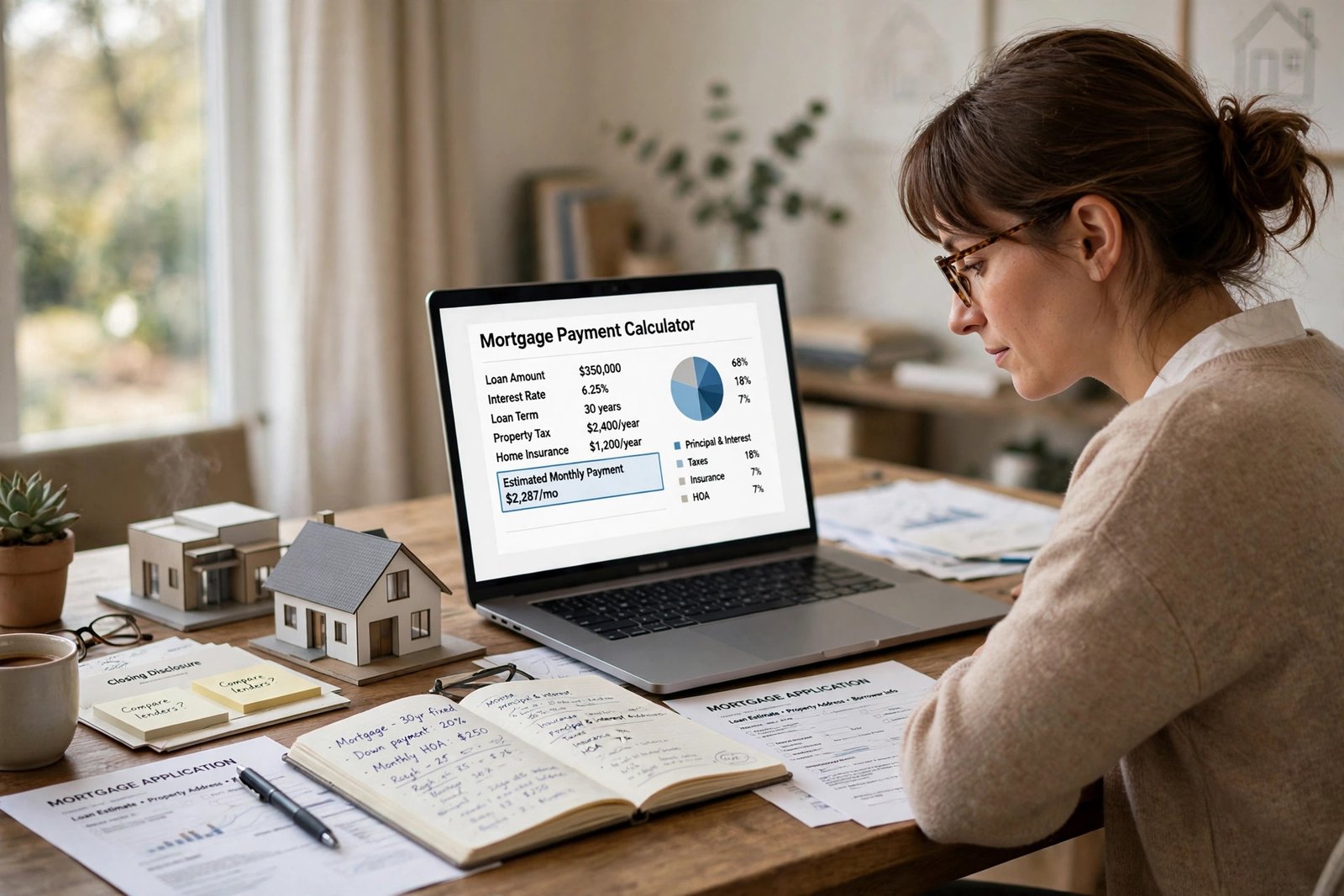 Person using a mortgage payment calculator on a laptop beside a notebook